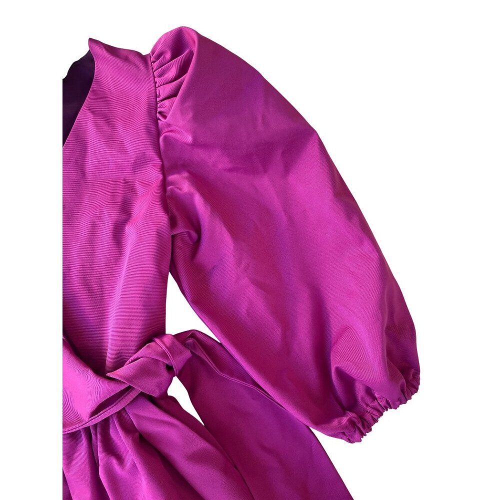 LaRoque Emma Small Puff Sleeve Mini Dress Magenta Fuchsia Cotton V-Neck Tie Wais - Picture 5 of 10